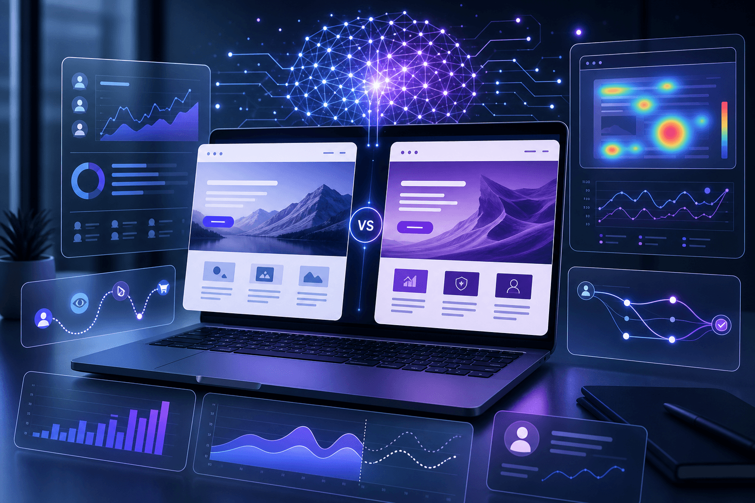 AI analytics dashboard comparing two website designs on a laptop screen