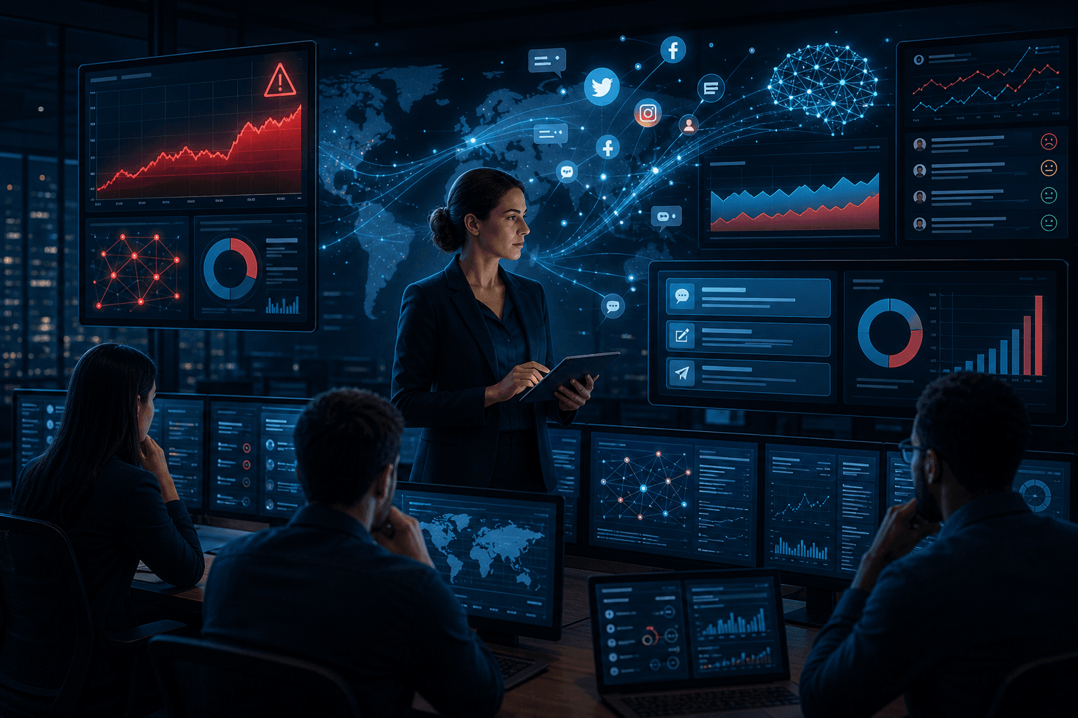 Business presentation with social media analytics dashboards, charts, and a world map on multiple screens
