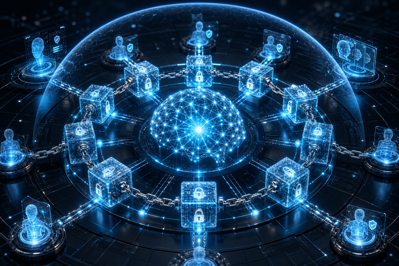 Conceptual network of locked data blocks linking user profiles around a central digital globe