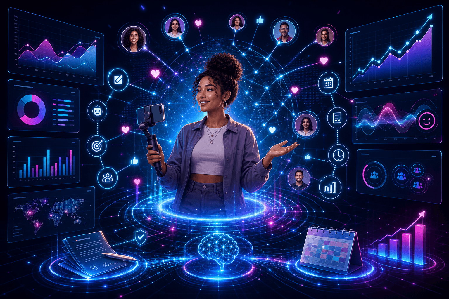 Creator holding a smartphone on a gimbal, surrounded by social media analytics charts, icons, and audience avatars