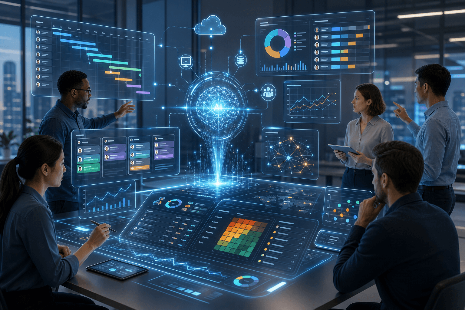 Team reviewing AI analytics dashboards and charts in a conference room
