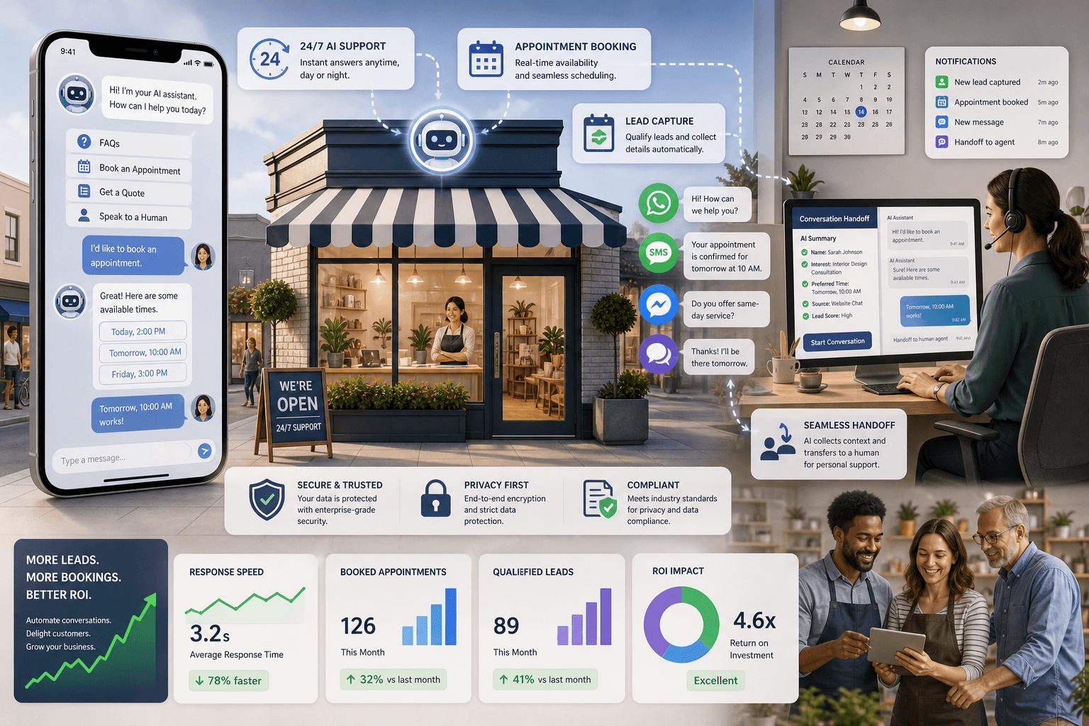 AI assistant for customer support, appointment booking, lead capture, and human handoff for a storefront business