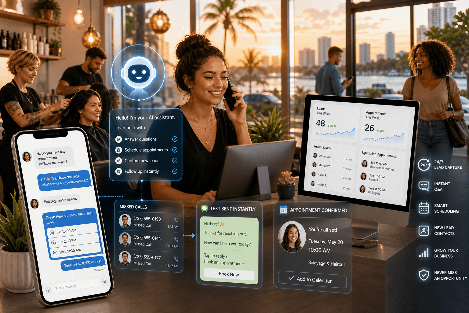 AI assistant helping a salon book appointments, capture leads, and send instant replies
