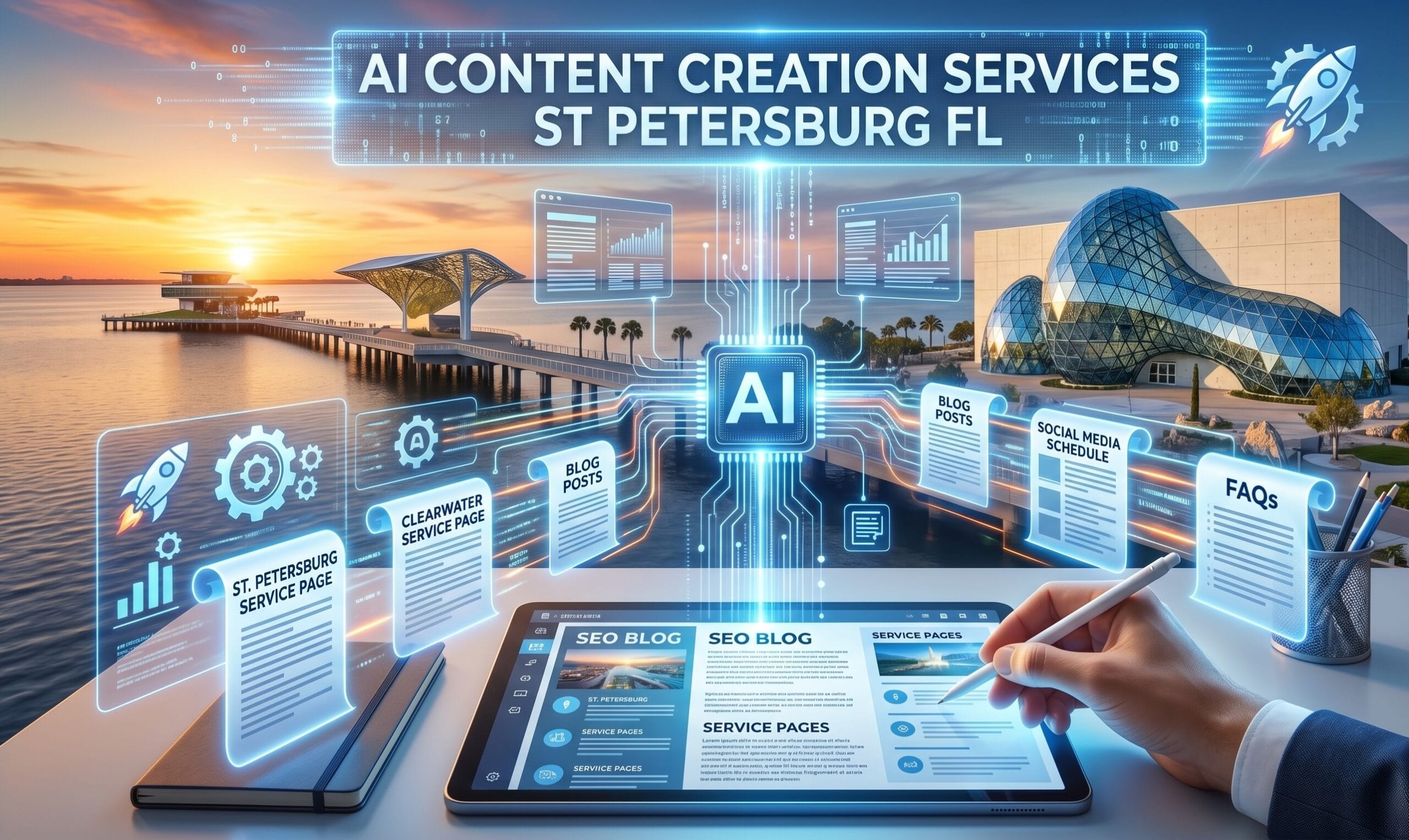 AI content creation services in St. Petersburg, FL, with SEO blog, service pages, FAQs, and social media planning