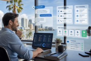 Businessman using AI sales software with lead qualification, follow-up, scheduling, and pipeline tracking dashboards