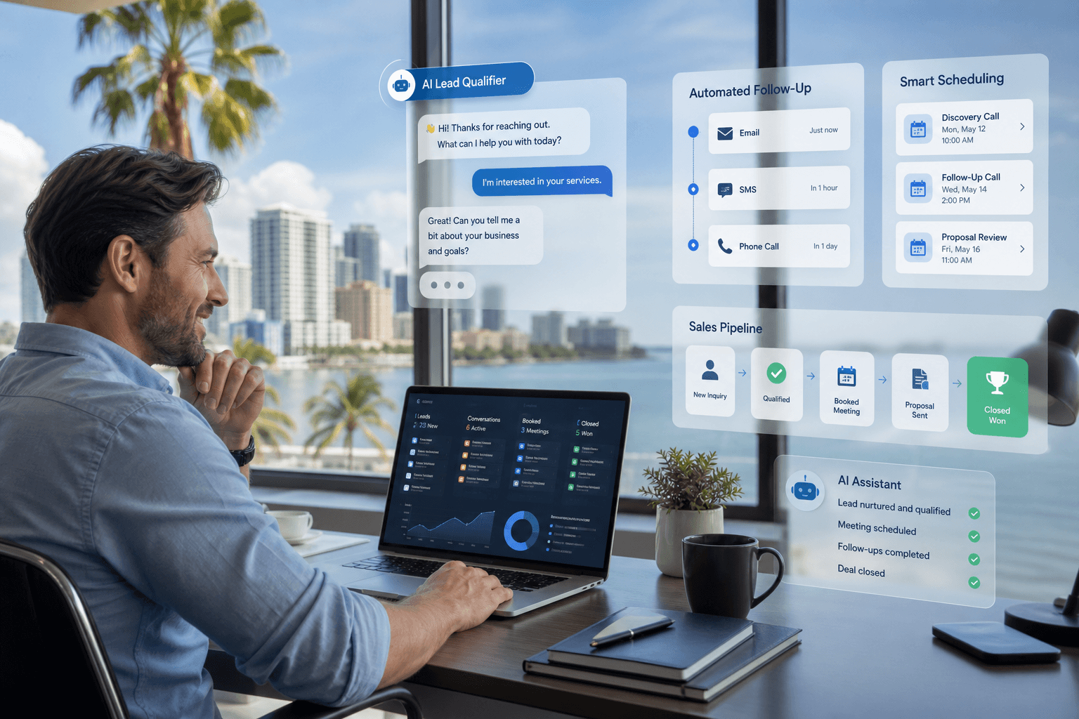 Businessman using AI sales software with lead qualification, follow-up, scheduling, and pipeline tracking dashboards