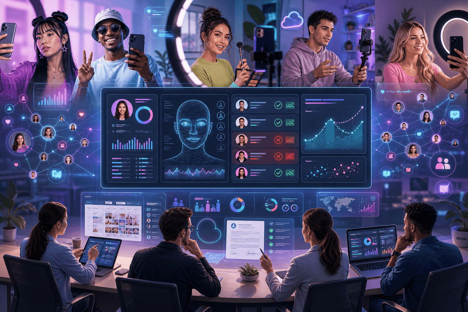 Social media analytics dashboard with creators, audience network, charts, and engagement metrics