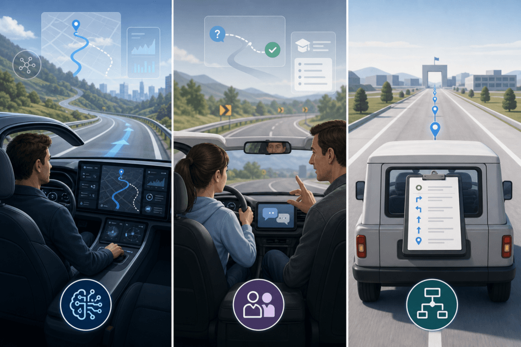 Three-panel illustration of autonomous driving: AI navigation, driver assistance, and route planning for a self-driving vehicle