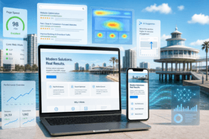 Website optimization dashboard showing improved speed, rankings, engagement, and conversions