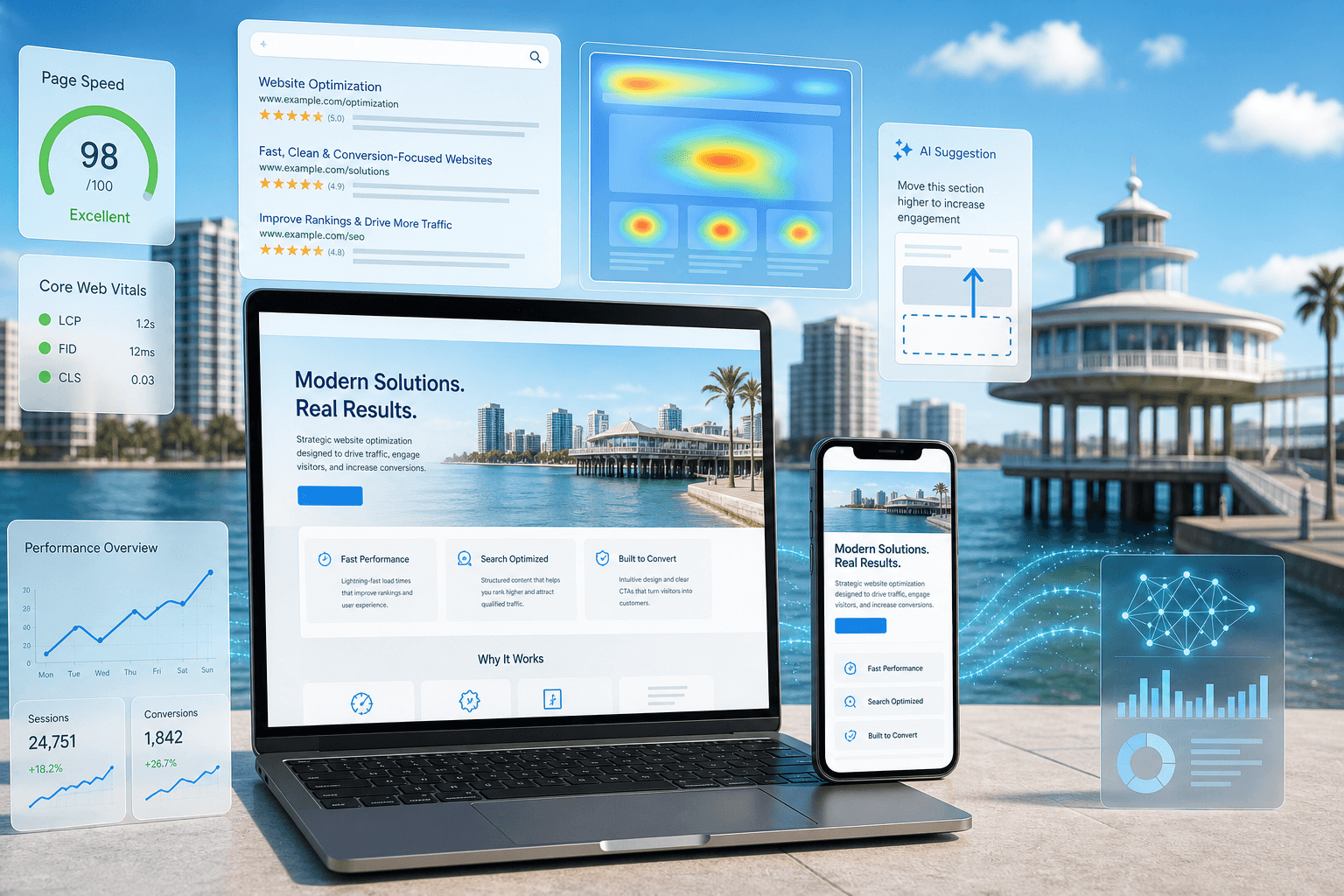 Website optimization dashboard showing improved speed, rankings, engagement, and conversions